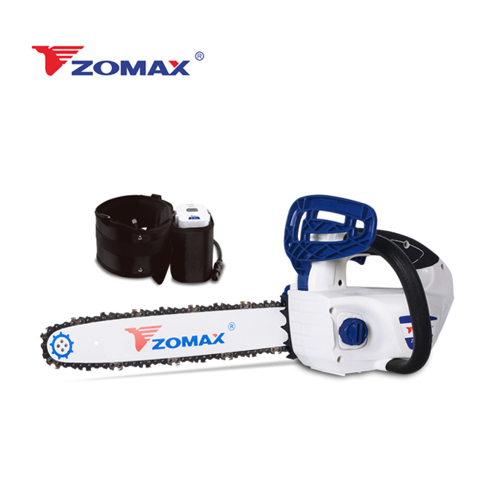 Side profile of the cordless chainsaw showing ergonomic grip