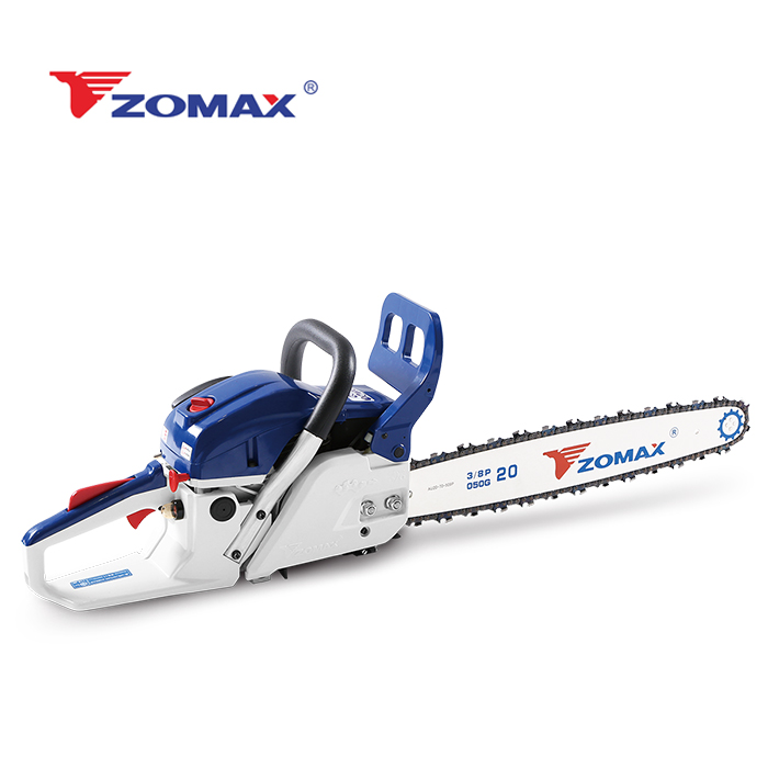 Side profile of the gasoline chainsaw showing the bar and chain assembly