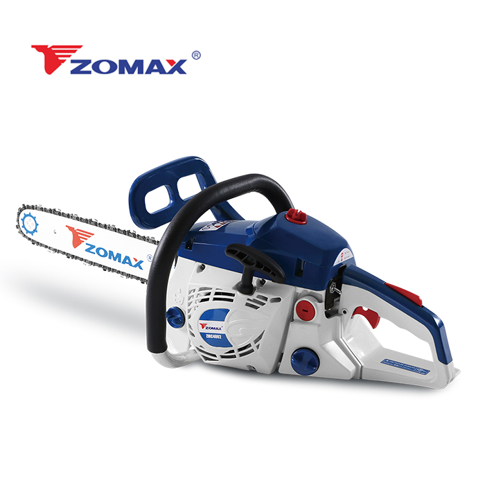 Side profile of the gasoline chainsaw showing ergonomic handle
