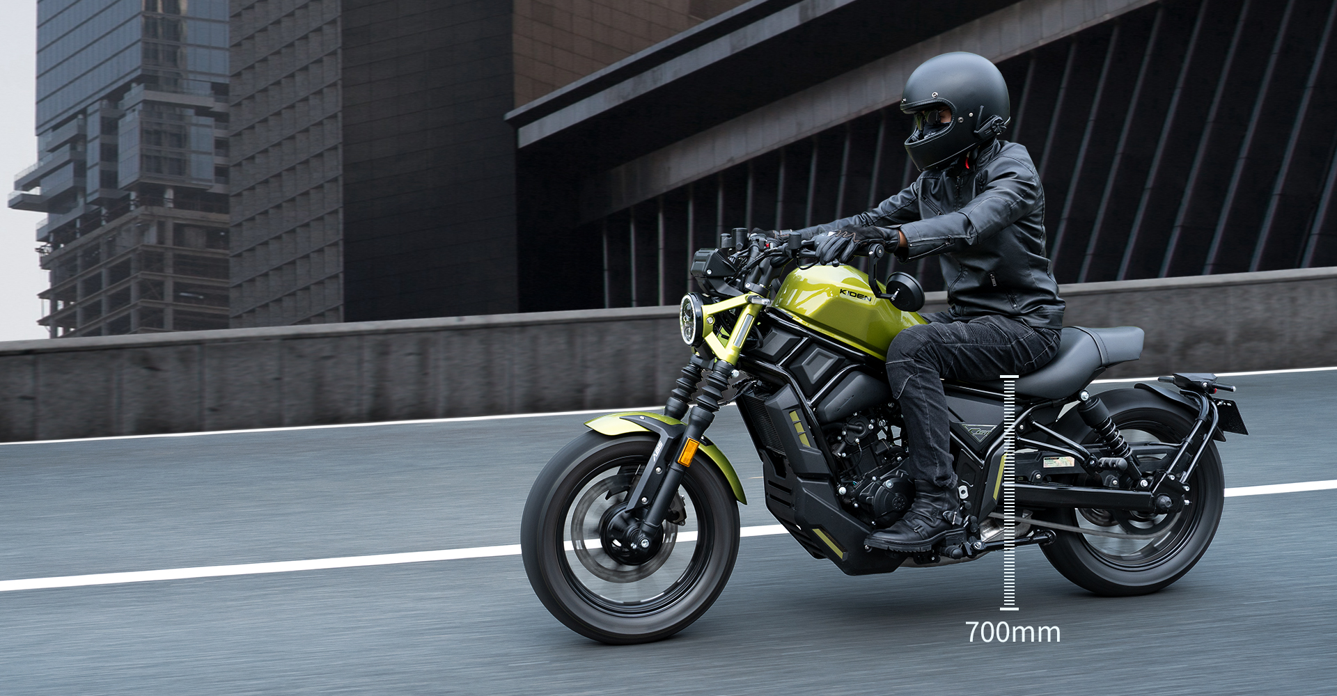 Side view of the motorcycle highlighting the seat height