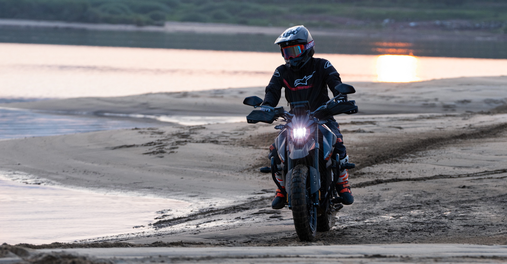 Full view of the dual-sport motorcycle showing its aggressive stance