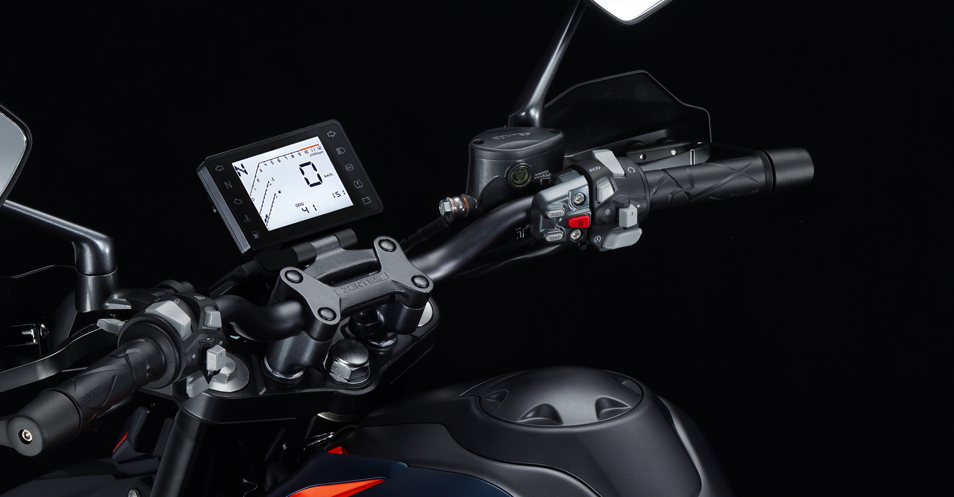 Digital instrument panel displaying rider metrics
