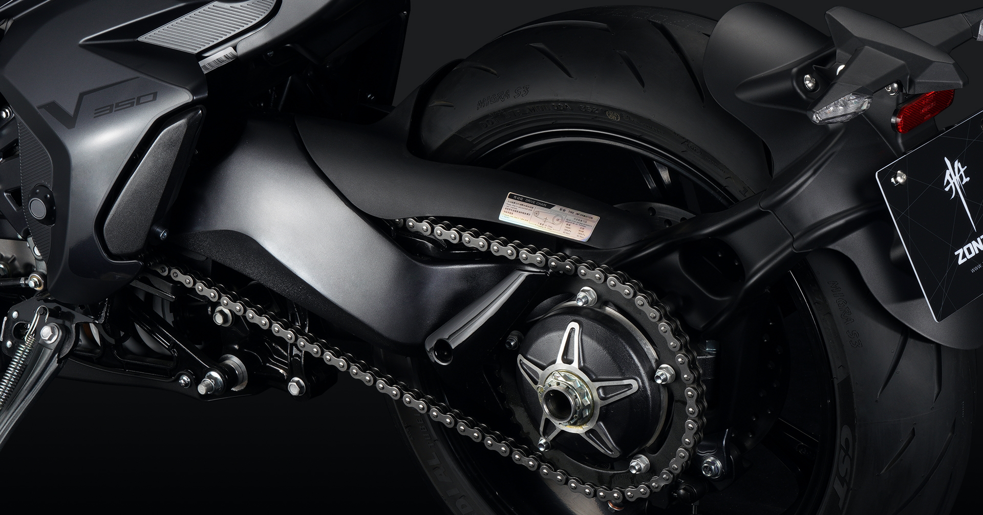Rear tire and drive chain assembly view
