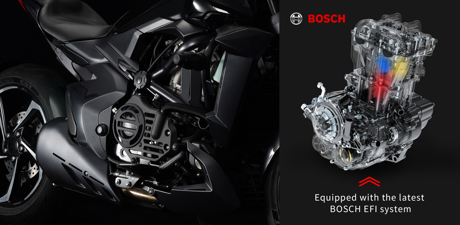 Detailed view of the engine featuring BOSCH fuel injection system