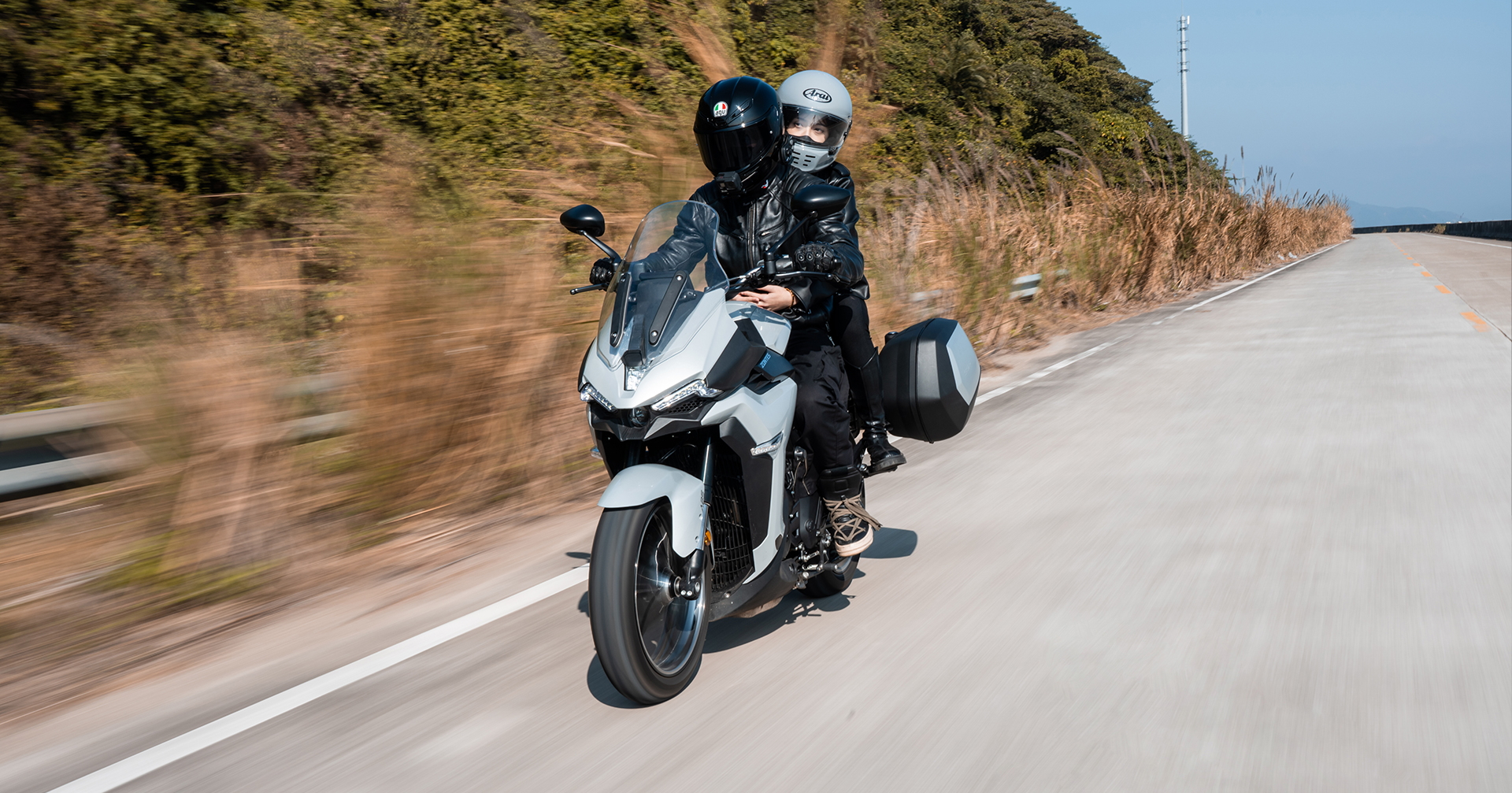 Touring motorcycle profile view