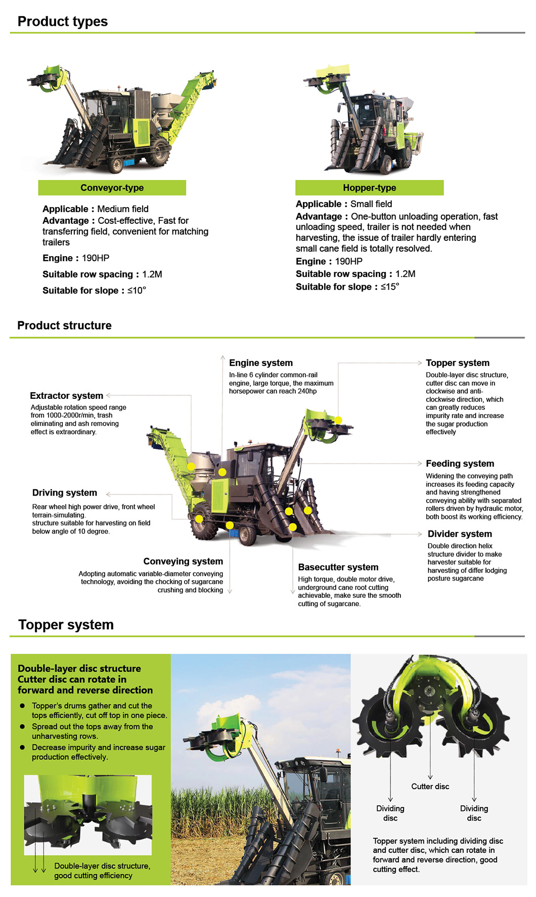 Sugarcane harvester configurations for medium and small fields