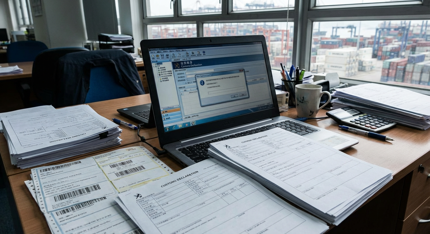 Documentation douanière et papiers d'importation sur un bureau
