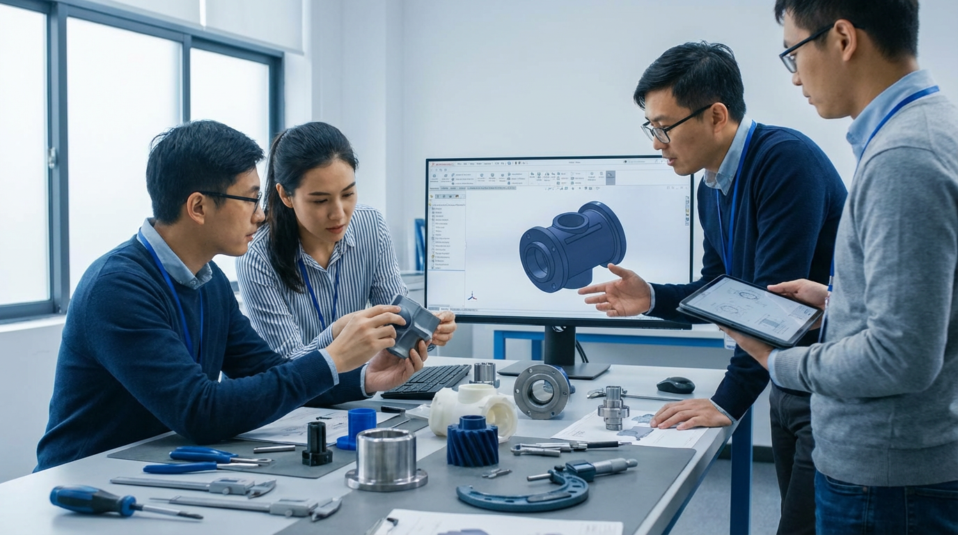 Équipe de développement produit examinant des prototypes et modèles CAO