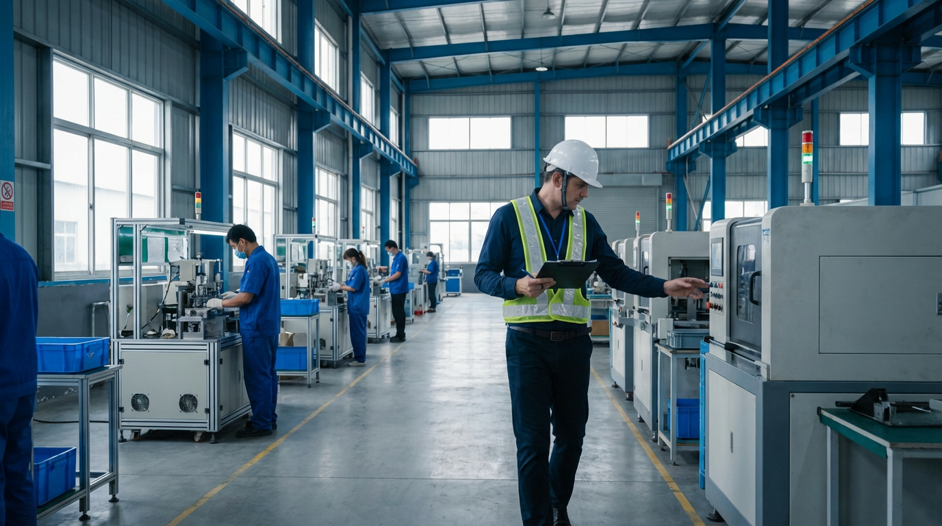 Auditeur d'usine effectuant une inspection avec tablette et presse-papiers