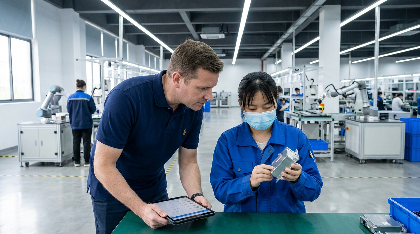 Quality inspector verifying products on factory floor in Asia