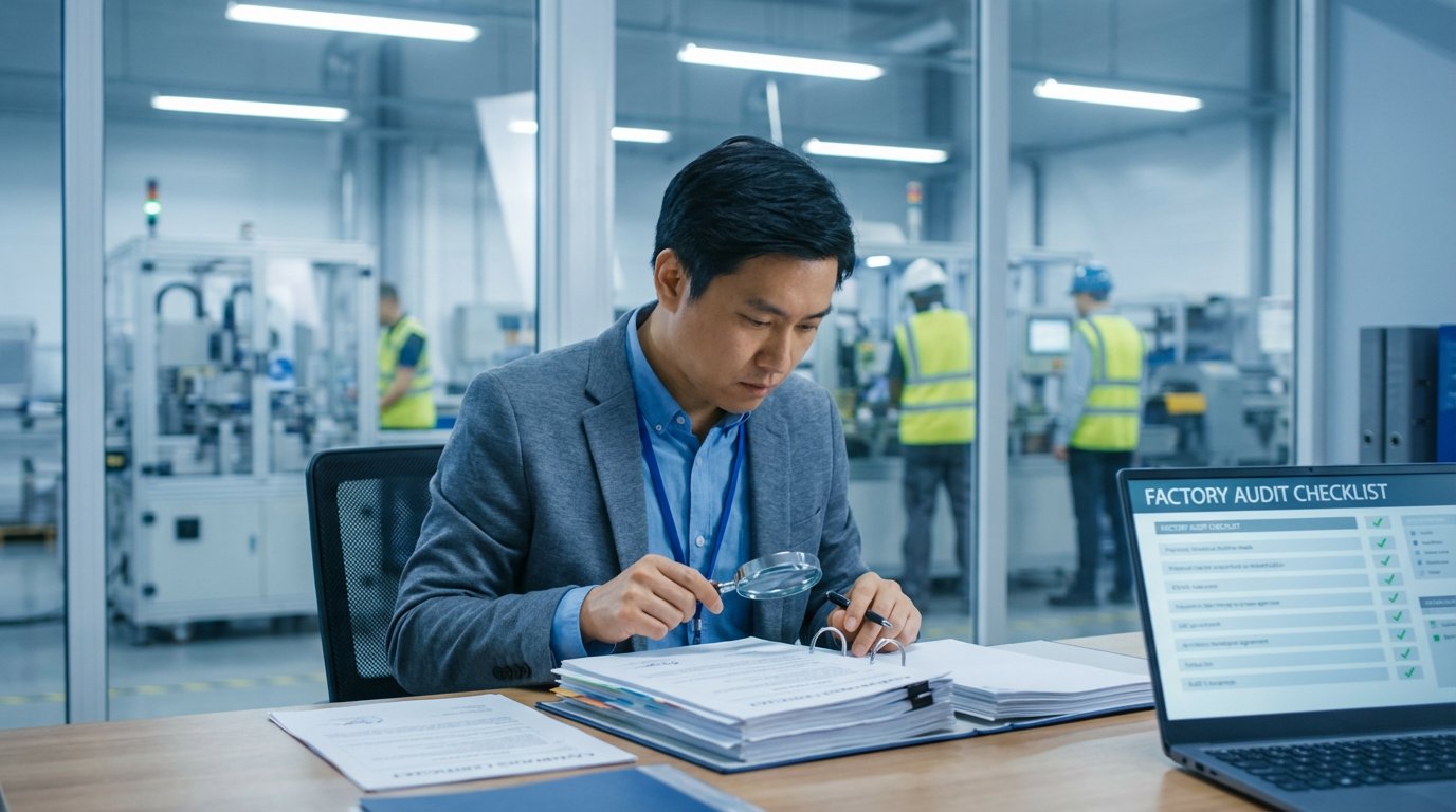 Quality control inspector reviewing compliance documentation with factory audit checklist