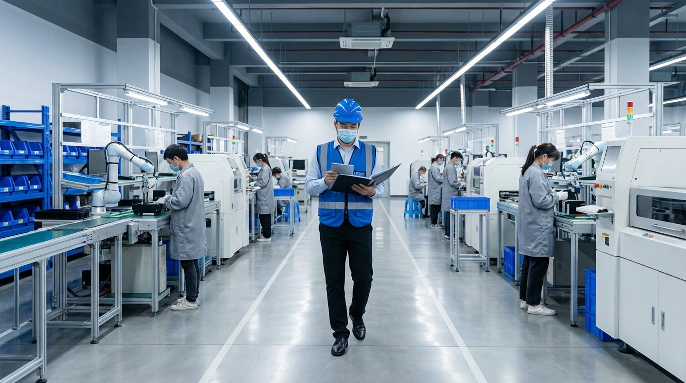 Factory auditor conducting compliance inspection on production floor with workers at stations