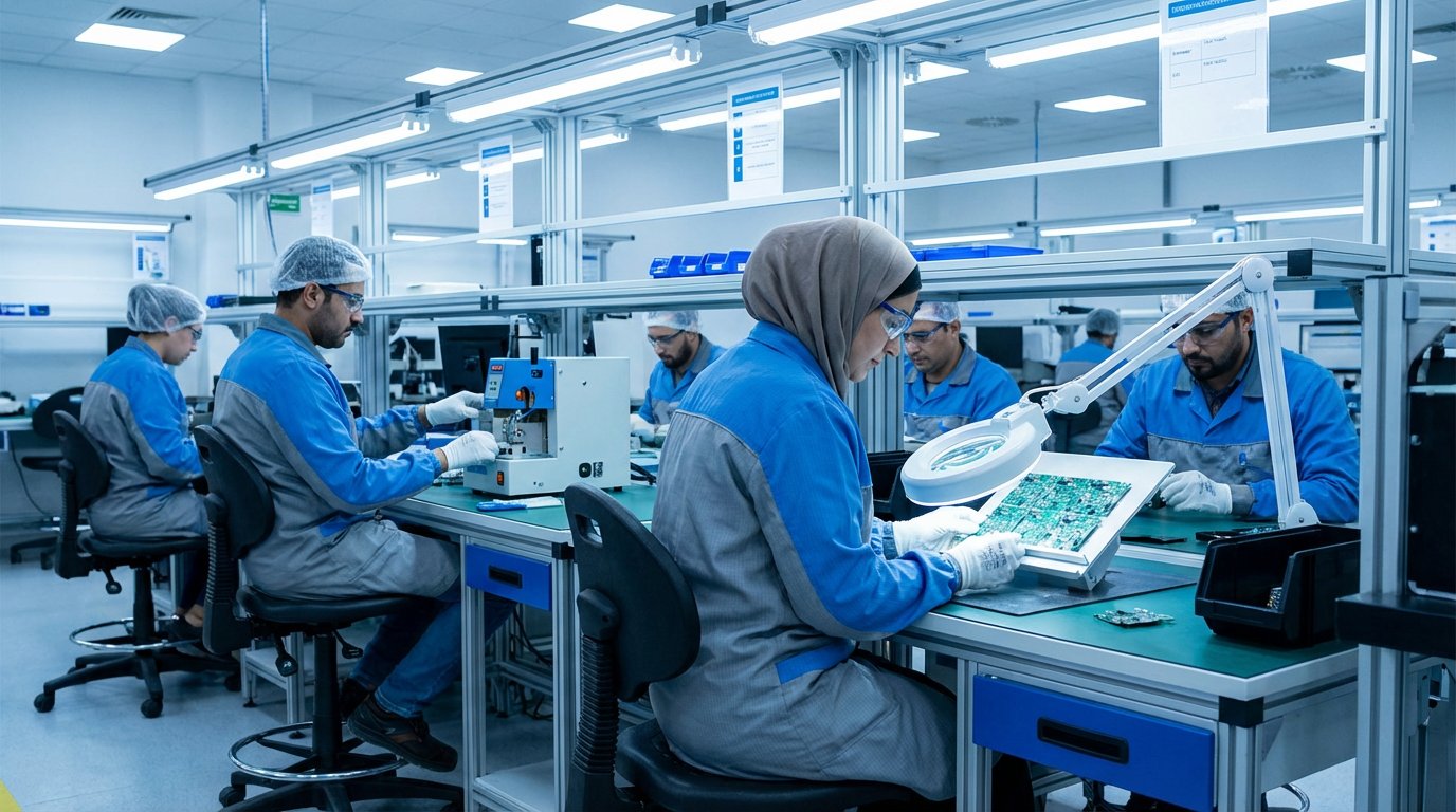 Factory workers in safe working conditions with proper safety equipment at well-lit workstations