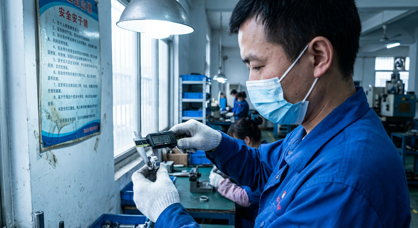 Quality control inspector performing detailed product inspection with precision tools