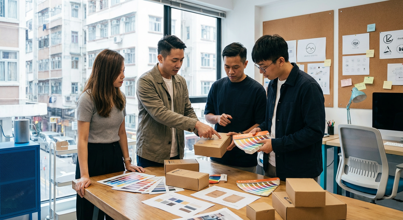 Équipe créative examinant des maquettes packaging et nuanciers