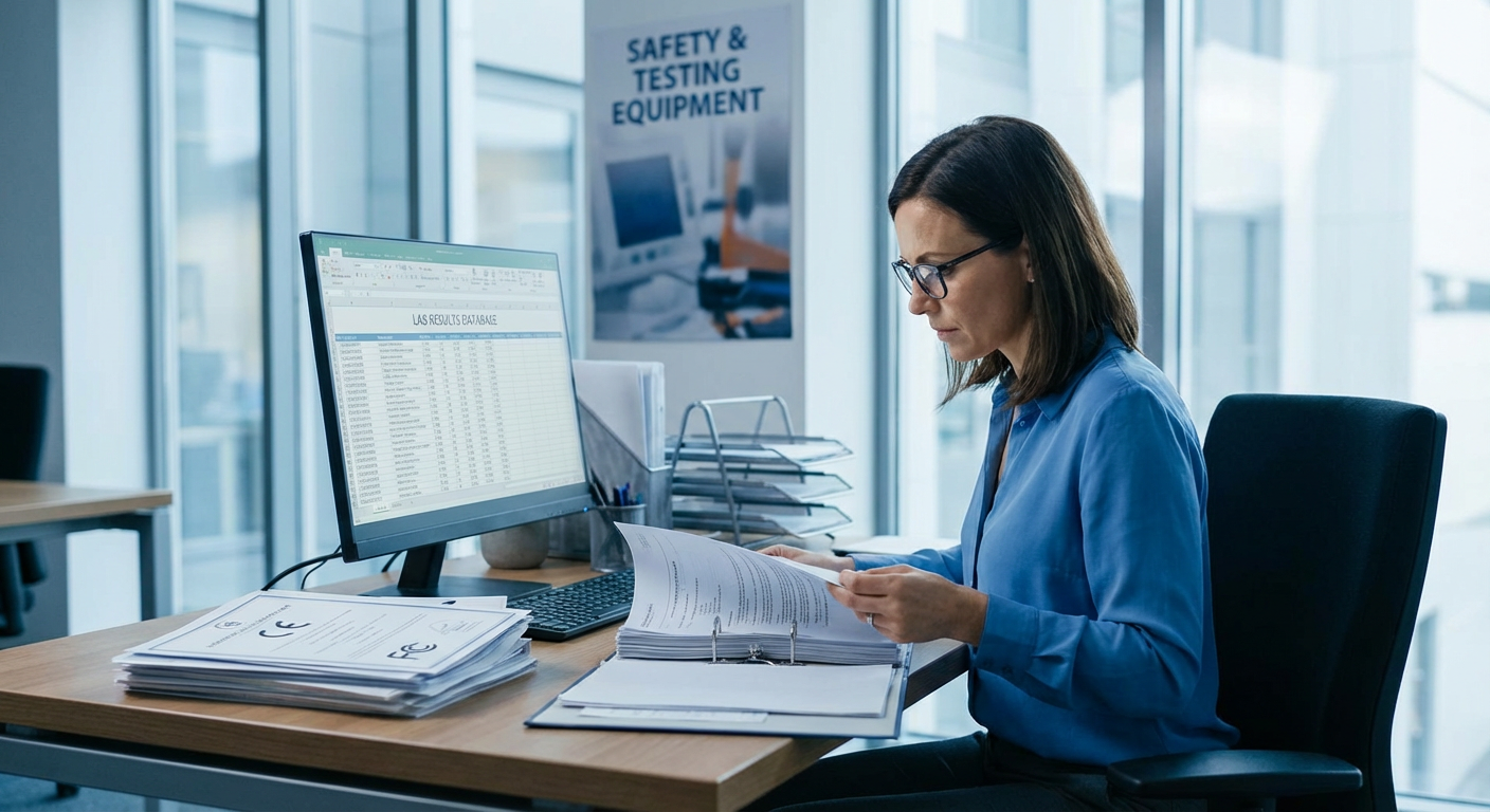 Compliance consultant reviewing product test reports and certification documents