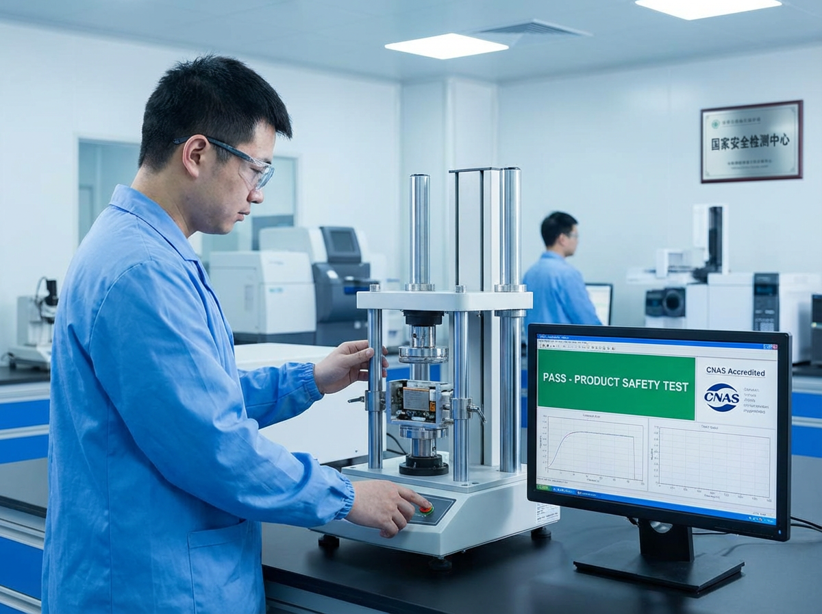 Laboratory technician conducting product safety test with testing equipment