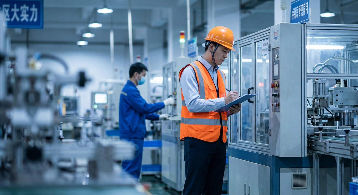 Auditeur examinant les équipements de production et prenant des notes