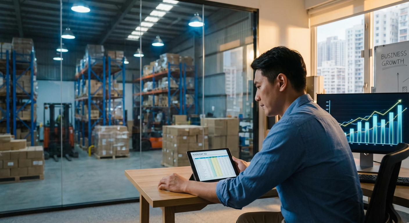Business owner reviewing inventory orders with warehouse stock in background