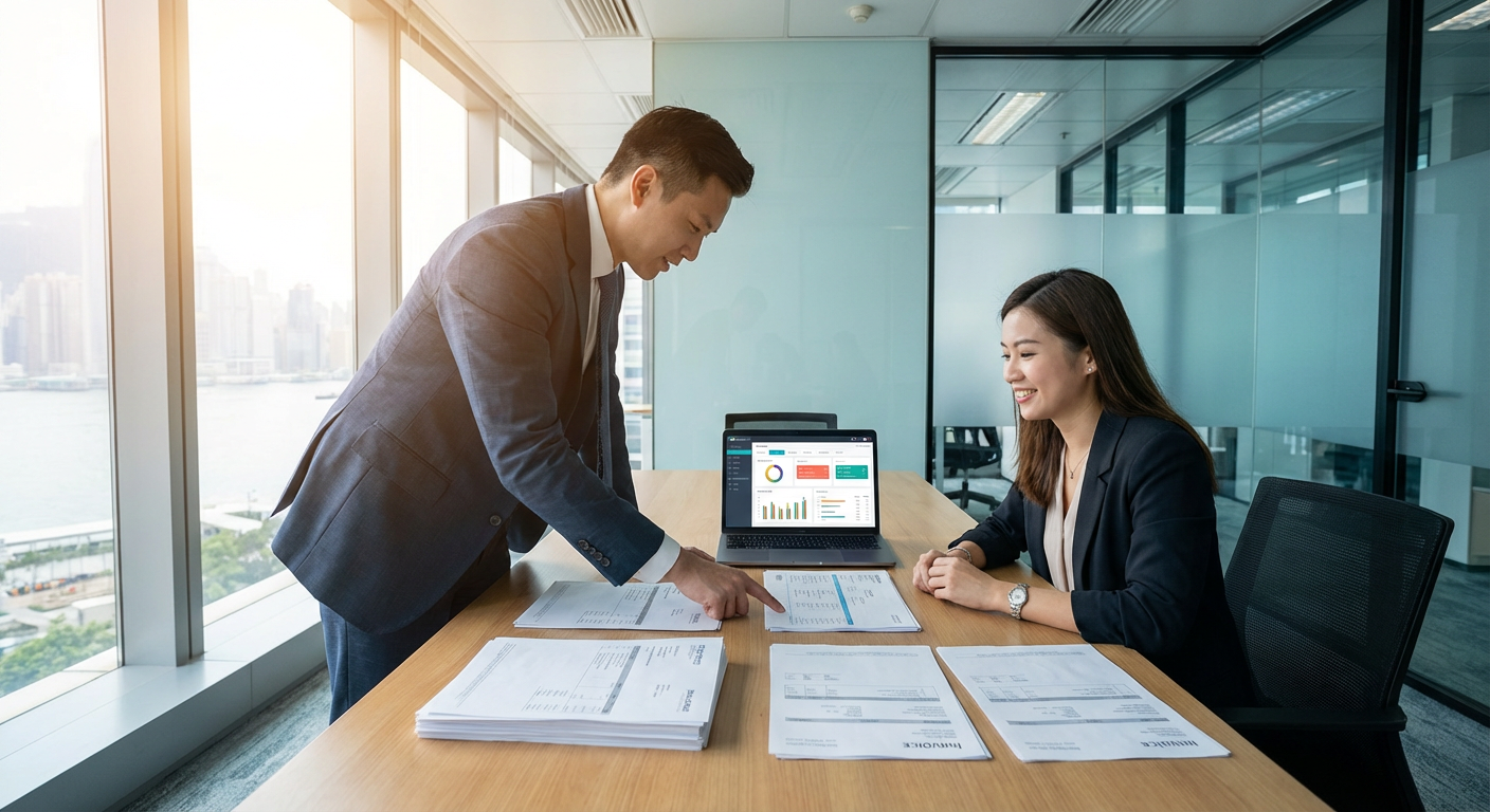 Finance professional reviewing trade finance documents with client