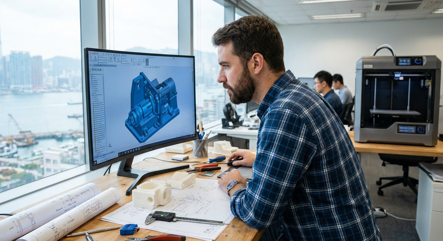 Ingénieur produit travaillant sur un modèle CAO avec des prototypes