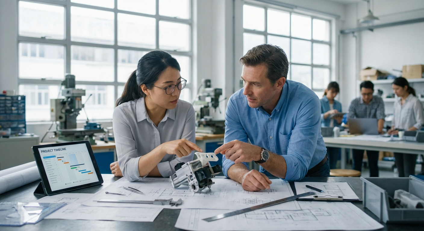 Ingénieurs examinant un prototype physique ensemble