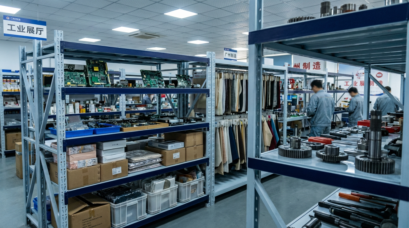 Divers produits manufacturés présentés dans un showroom d'usine