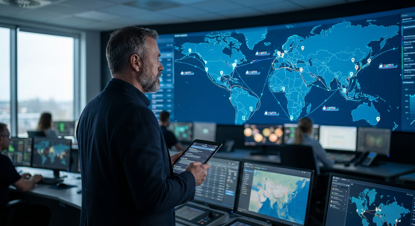 Responsable logistique consultant un tableau de bord de suivi mondial