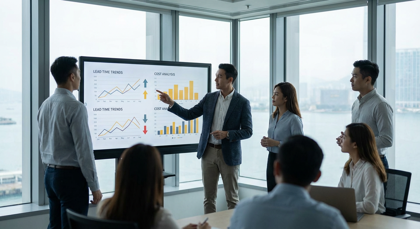Réunion d'affaires avec graphiques de performance supply chain sur écran