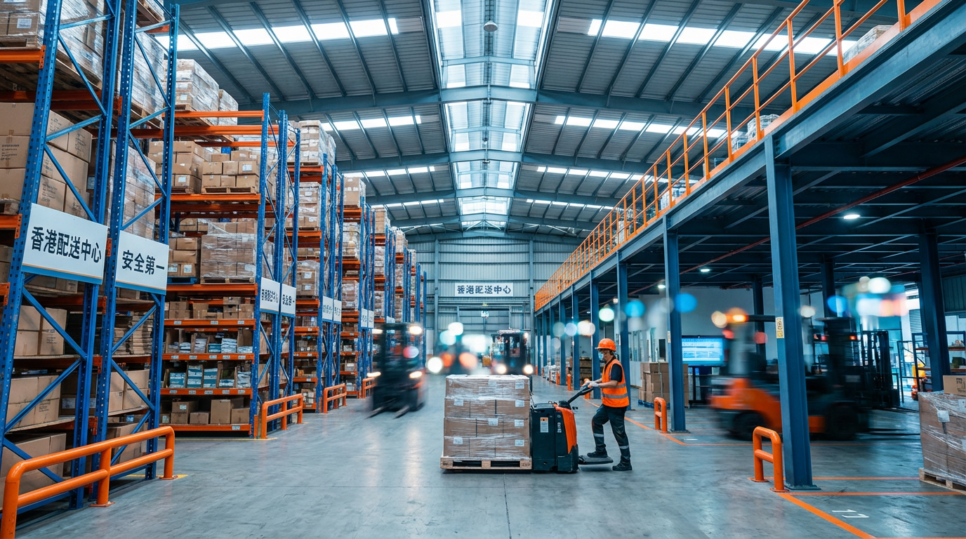 Entrepôt logistique moderne avec rayonnages organisés et opérations