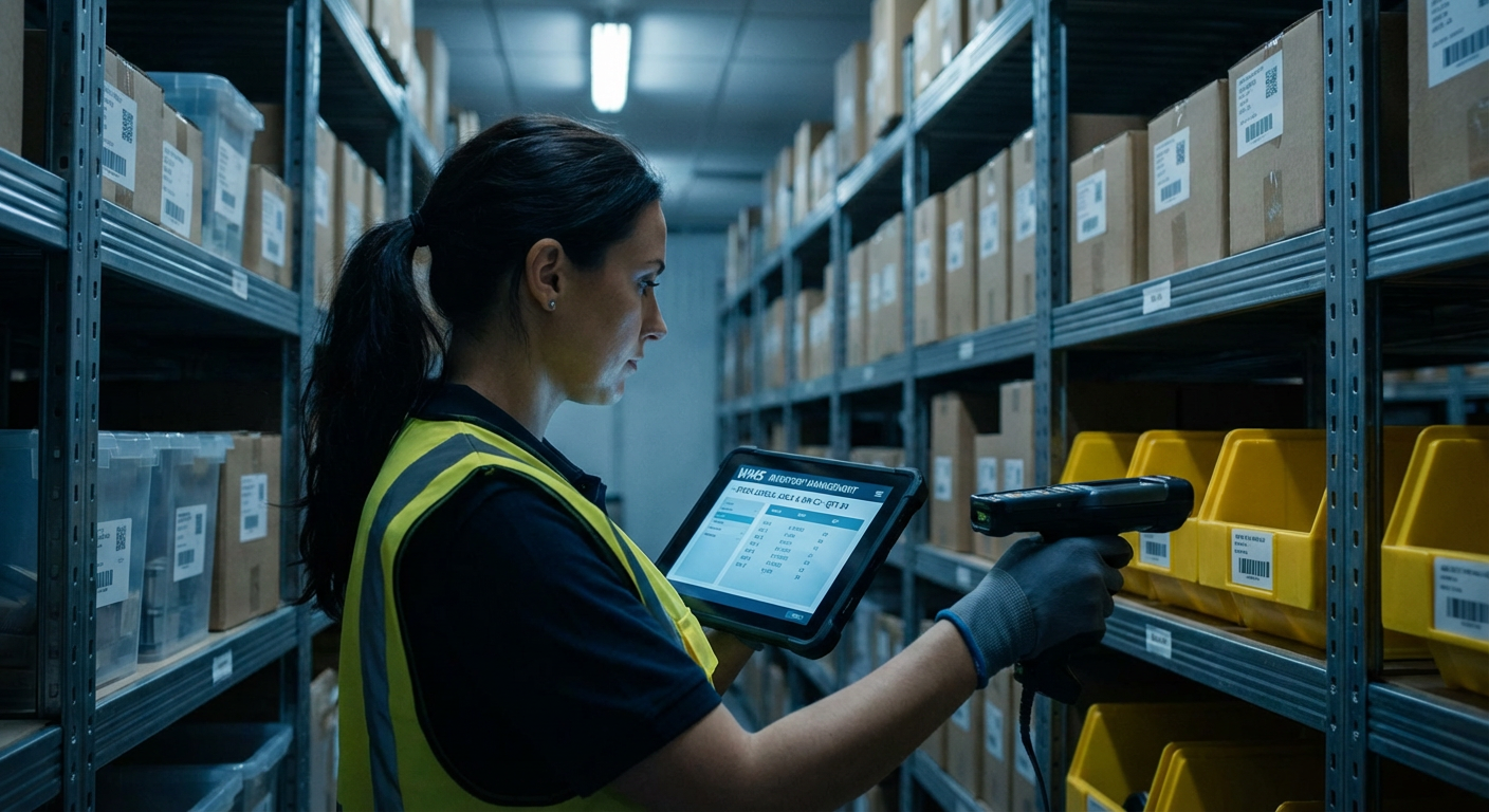 Superviseur d'entrepôt utilisant scanner et tablette pour gérer les stocks