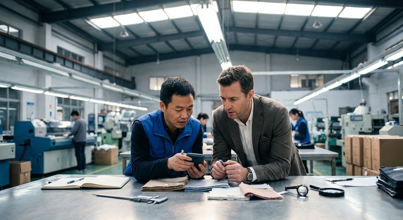 International sourcing team collaborating during factory visit in China