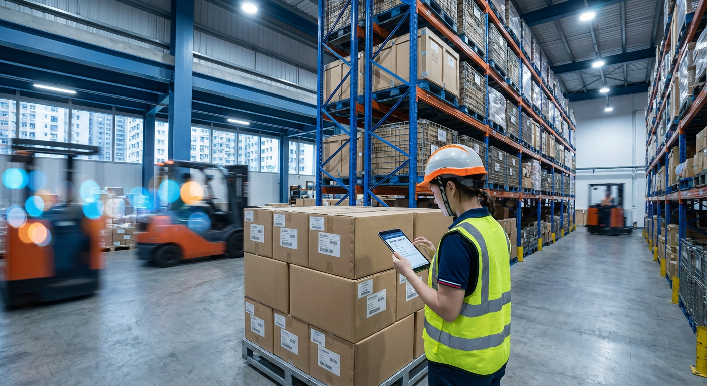 Modern warehouse and logistics operations with organized inventory management